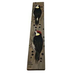 Paul Sebree Brennan Signed 2004 Acorn Woodpecker Painting On Natural Wood Art